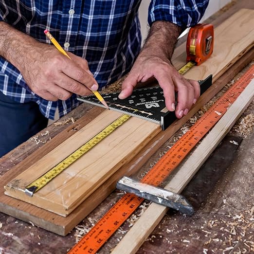 Carpenter Square 7 Inch Rafter Square Tool, Multi-Purpose Farming Carpenter Tools, Woodworking Square Laser Scales Anodized Ruler Body, Aluminum Metal Squares, Black