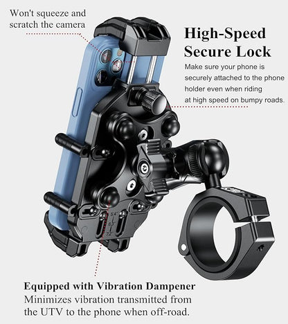 BRCOVAN Anti-Theft UTV Phone Mount Holder with Vibration Dampener & Secure Lock, Fit 1.5/1.65/1.75/1.85/2'' Roll Cage Bar, Heavy Duty, Adjustable Size, Big Phone Friendly for 5.4-7.2'' Cellphone