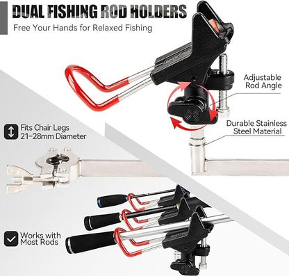 Padded Folding Fishing Chair with 2 Rod Holders for Adults Heavy Duty Adjustable Legs Outdoor Camping Chairs with Side Pocket Shoulder Strap Portable Ice Fishing Chair for Camp Lawn Patio