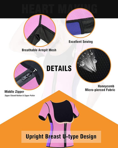 Women Sauna Sweat Vest with Sleeves Neoprene Fitness Shirt Workout Body Shaper Sport Tank Top