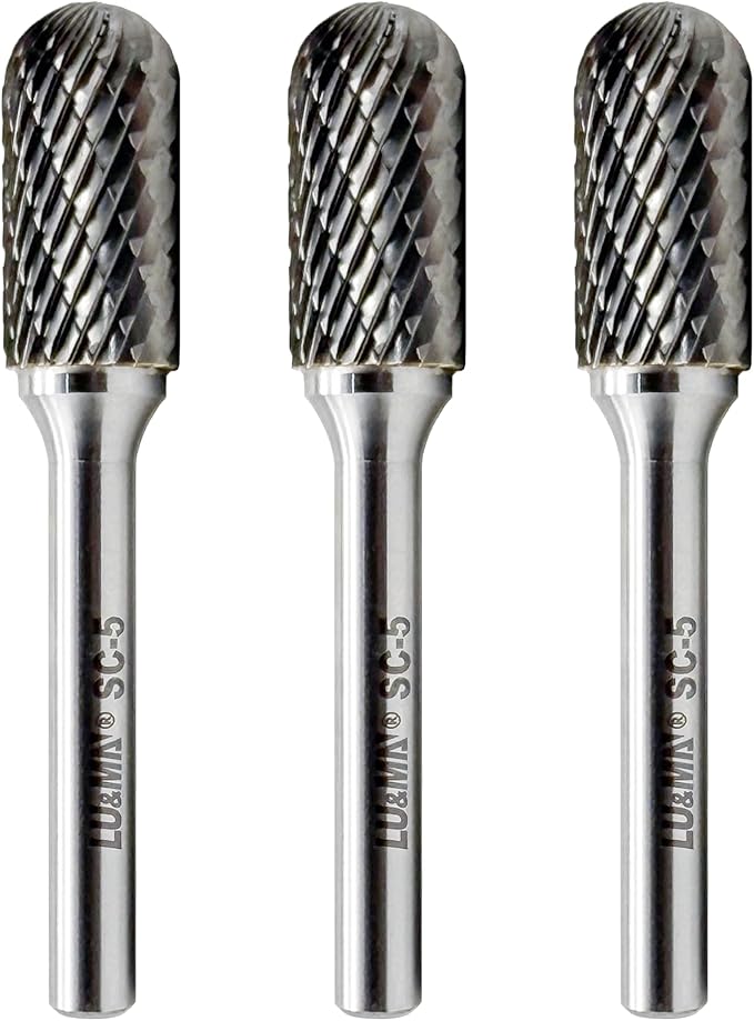 LU&MN Tungsten Carbide Burr Cylinder Shape SC-5 with Radius End Double Cut Rotary Burr File (1/2" Cutter Dia X 1"Cutter Length) with 1/4'' shank,3PCS