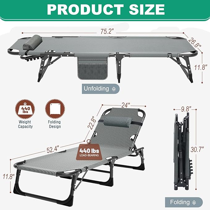 LILYPELLE Portable Folding Camping Cot, Adjustable 4-Position Adults Reclining Chaise with Pillow, Outdoor Portable Lounge Chair Sleeping Cot for Camping, Pool, Beach, Patio
