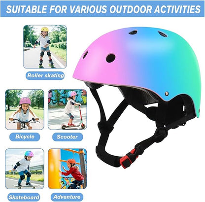 Color Gradient Adjustable Kids Bike Helmet with Knee & Elbow Pads Set | Multi-Sport Safety Gear for Boys & Girls Ages 5-14 | Skateboarding, Scooters, Roller & Inline Skating, Longboarding