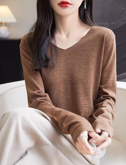 Chanyarn Women's 100% Merino Wool Base Layer Shirt Tops V Neck Long Sleeve Travel Hiking Tee T Shirt Pullover Sweater