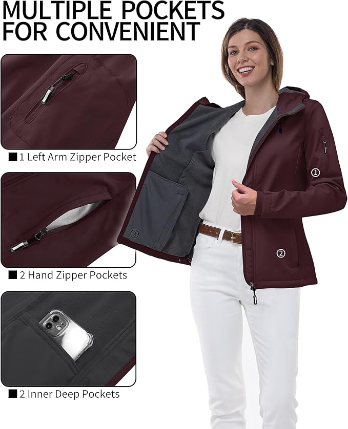 Outdoor Ventures Women's Softshell Jacket with Hood Fleece Lined Warm Lightweight Waterproof Insulated Windbreaker