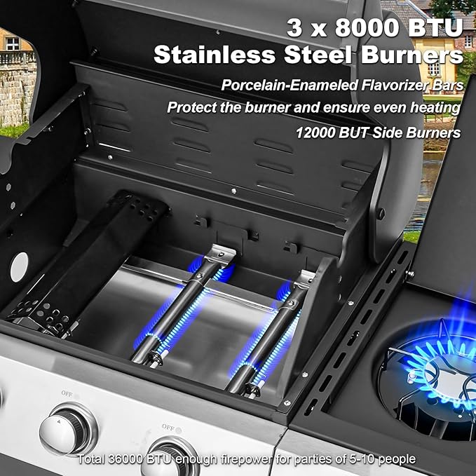 MELLCOM Upgraded 36,000 BTU Stainless Steel Burner Propane Grill, 3 Burner BBQ Barbecue Gas Grill with Cast Iron Grates & Side Stove for Patio, Camping, Outdoor Cooking