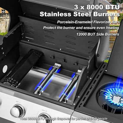 MELLCOM Upgraded 36,000 BTU Stainless Steel Burner Propane Grill, 3 Burner BBQ Barbecue Gas Grill with Cast Iron Grates & Side Stove for Patio, Camping, Outdoor Cooking