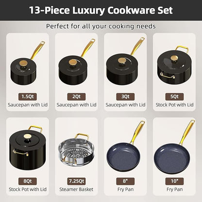 Nuwave Lux LE 13-Pc Cookware Set with Elegant Gold Handle, Diamond Infused Ceramic Non-Stick, PFAS Free, Premium Metal Lids, Ergonomic Stay-Cool Handles, Induction Ready & Compatible w/All Cooktops