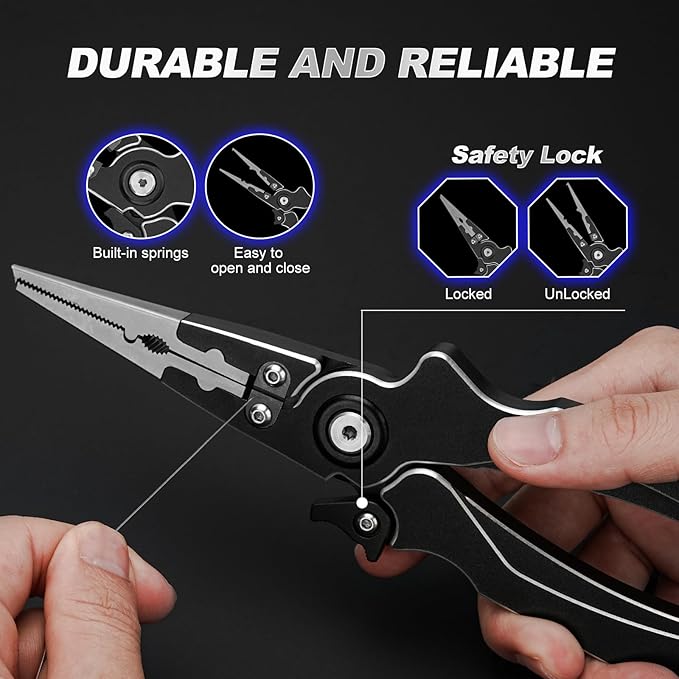 Aluminum Alloy Fishing Pliers, Corrosion Resistant,Multifunctional Hook Remover with 2 Sheaths,Safety Lock, Fishing Line Cutting,Tungsten Carbide Cutters, 8 Inch Lightweight Fishing Tool