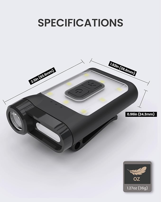 Claymore Capon 65A+ Black Ultra-Light Clip-On Cap Light – USB-C Rechargeable 230LM LED Compact Headlamp | 3 Modes IP54 Water-Resistant Up to 19 Hrs Runtime for Camping, Running, Outdoor