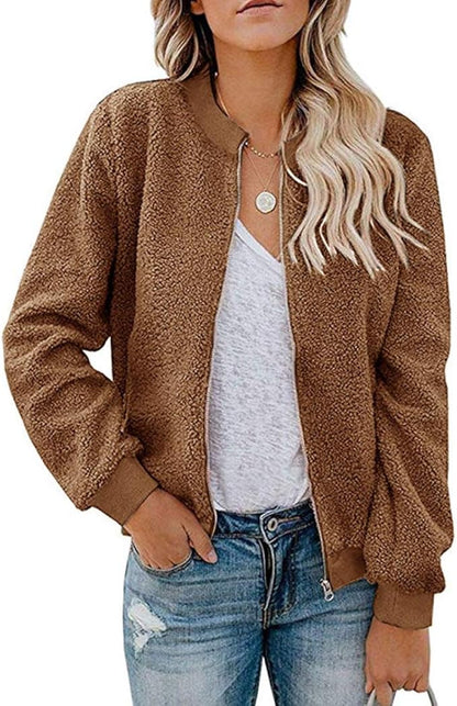MIROL Women's Fall Trendy Fleece Jacket Faux Sherpa Fuzzy Casual Long Sleeve Zip Up Loose Fit Bomber Winter Coat