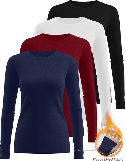 Neer 4 Pack Women's Fleece Thermal Long Sleeve Shirts, Thumb Holes Crew Neck Slim Fit Tops Warm Workout Basic Undershirt