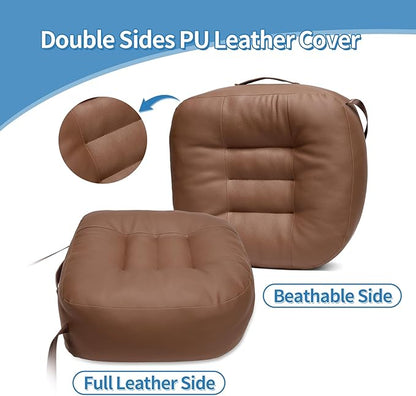 YOUFI Leather Seat Cushion Extra-Thick Booster for Office Chair to Rise Height - Full Filling for Support - with Breathable Cover, Handle and Buckle - Relieves Back Pain – 18"x16"x6" (Brown)