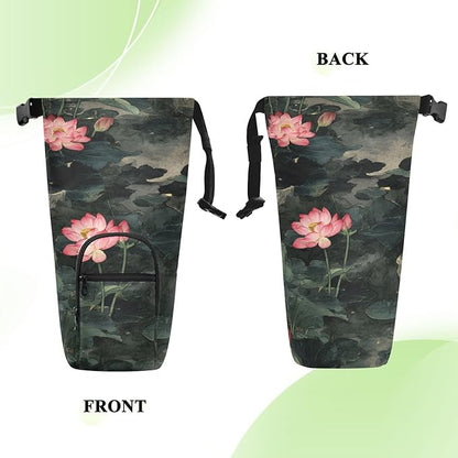 Chinese Style Lotus Flower Water Bottle Holder with Strap Insulated Water Bottle Carrier Crossbody Bags Pouch with Phone Pocket for Travel Gym Hiking Walking Running