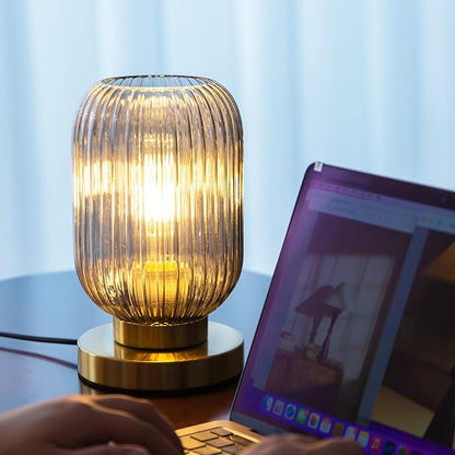 Modern Ribbed Glass Table Lamps Mid Century Bedside Light Small Nightstand Lamp with Plug-in Style, E26 Ambient Lighting for Bedroom Living Room Tabletop, Smoke Gray