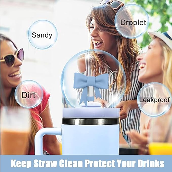 4Pcs Silicone Straw Toppers Covers for Stanley Cups 40/30oz 10mm(0.4in) Dust-Proof Bow Straw Covers Toppers Suitbale for Stanley Cup Accessories Reusable Straws Caps (Mist Blue)