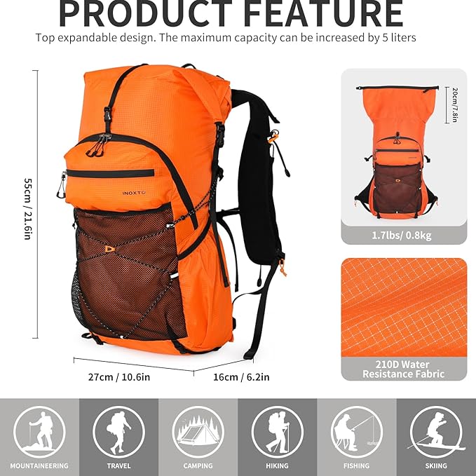 Hiking Backpack for Men and Women, 30L Waterproof Camping Backpack with 3L Water Bladder and Rain Cover, Lightweight Outdoor Sport Travel Daypack Rucksack for Climbing Cycling (Orange)