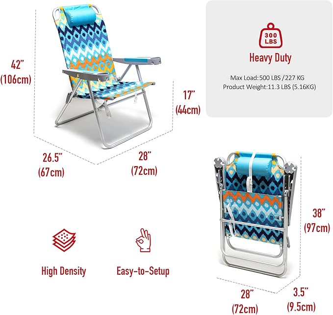 SUNNYFEEL Extra Wide 28" Folding Beach Chair 5 Position Lay Flat, Portable 17" Tall Camping Chair with Cup Holder for Outdoor/Lawn/Trip/Picnic, Lightweight Foldable Sand Chairs for Adults (Wave)