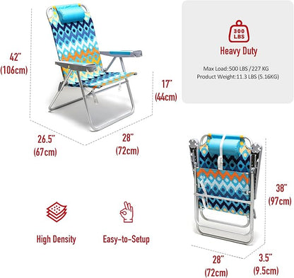SUNNYFEEL Extra Wide 28" Folding Beach Chair 5 Position Lay Flat, Portable 17" Tall Camping Chair with Cup Holder for Outdoor/Lawn/Trip/Picnic, Lightweight Foldable Sand Chairs for Adults (Wave)