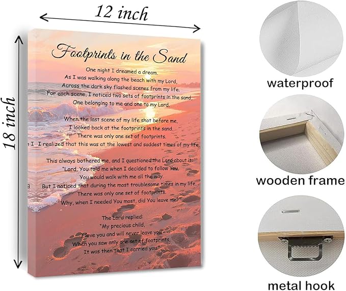 Footprints In The Sand Wall Art Religious Poem Poster Jesus Christian Print Retro Canvas Motivational Quotes Painting Pictures Home Decor Framed 12 * 18 Inch