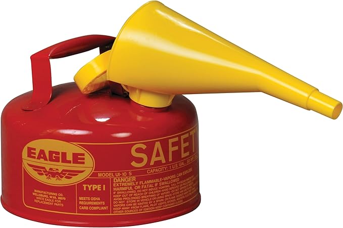 Eagle 1 Gallon Type I Red Safety Gas Can for Gasoline with Flame Arrester, Self-Closing Lid, and F-15 Funnel, Made in the USA, Galvanized Steel Flammable Storage Can, UI10FS