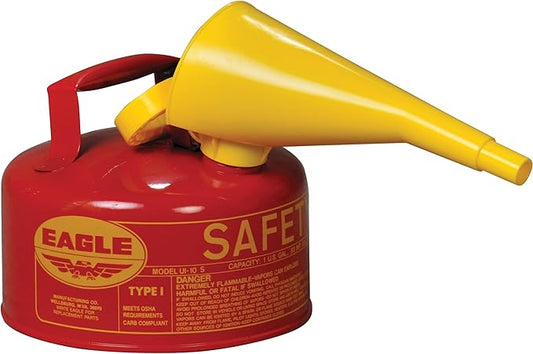 Eagle 1 Gallon Type I Red Safety Gas Can for Gasoline with Flame Arrester, Self-Closing Lid, and F-15 Funnel, Made in the USA, Galvanized Steel Flammable Storage Can, UI10FS