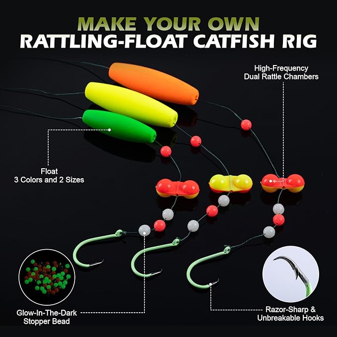 Goture Catfish Rig Making Kit,301pcs Catfishing Tackle with Luminous Fishing Hook Swivel Sinker Weights Rattle Float Bobber Stoppers,Catfish Rigs Accessories with 3600 Tackle Box,Gifts for Men
