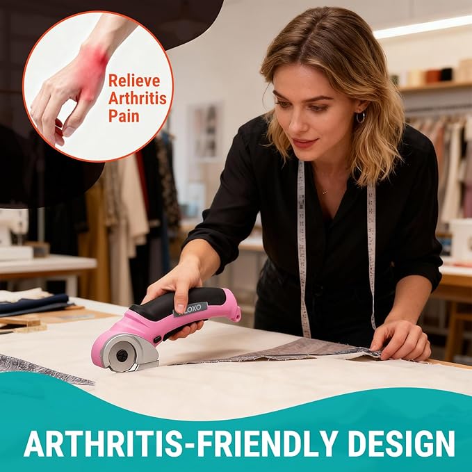 VLOXO Cordless Electric Scissors, Cardboard Cutter with Safety Lock 4.2V Electric Mini Cutter Power Rotary Scissors for Leather Felt Rug Box with Storage Box Pink