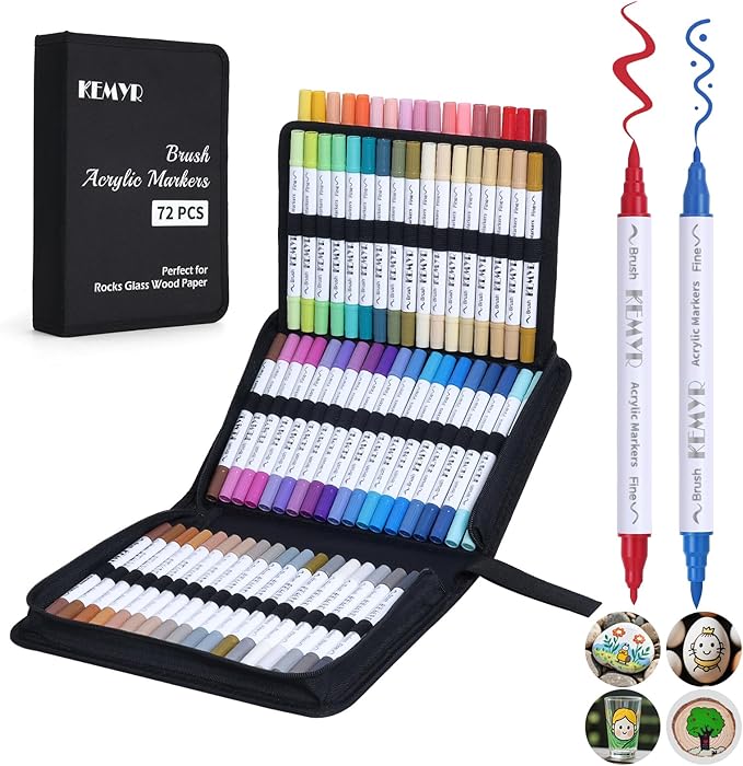 72 Colors Brush & Fine Tip Acrylic Paint Pens, Dual Tip Acrylic Paint Markers for Paper, Wood, Canvas, Stone, Rock, Glass, Fabric, DIY, Ceramic, Art Supplies for Adults Drawing
