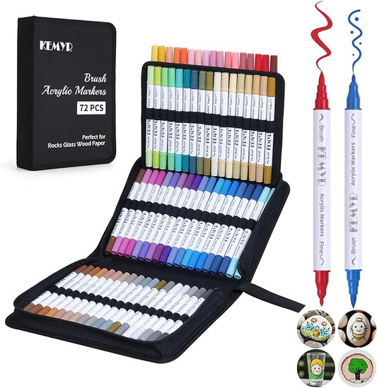 72 Colors Brush & Fine Tip Acrylic Paint Pens, Dual Tip Acrylic Paint Markers for Paper, Wood, Canvas, Stone, Rock, Glass, Fabric, DIY, Ceramic, Art Supplies for Adults Drawing