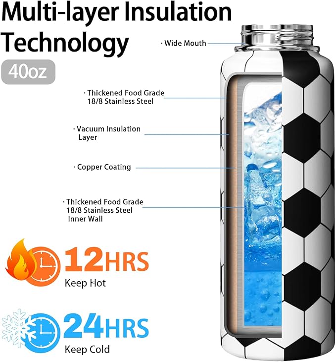 Soccer Water Bottle 40oz Insulated Sports Water Bottles Soccer Gifts for Men Women Gift for Coach Lovers Fan Players Stuff Accessories for Boys Girls