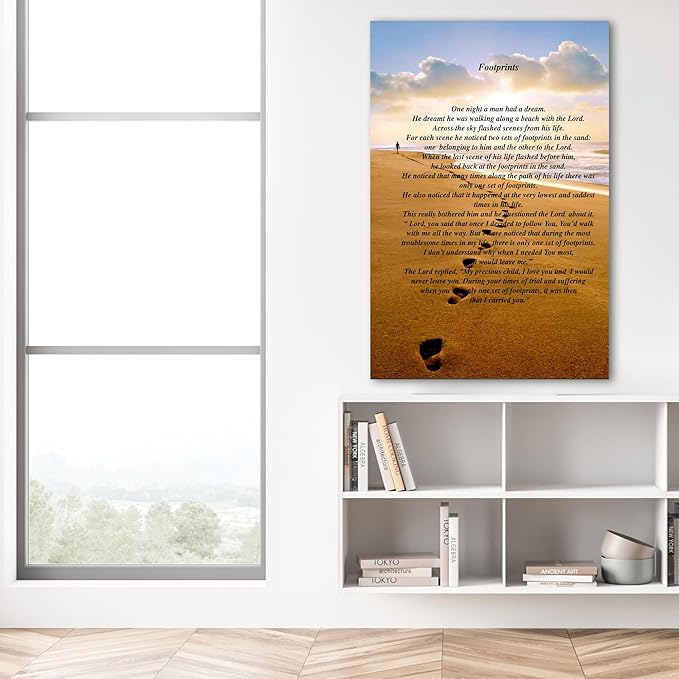 Footprints in the Sand Canvas Prints Wall Art, Footprints in the Sand Wall Art Decor, Inspirational Christian Poem Wall Poster Gift, Beach Picture Wall Art for Living Room Beach Office 32"Wx48"HInches