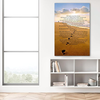 Footprints in the Sand Canvas Prints Wall Art, Footprints in the Sand Wall Art Decor, Inspirational Christian Poem Wall Poster Gift, Beach Picture Wall Art for Living Room Beach Office 32"Wx48"HInches