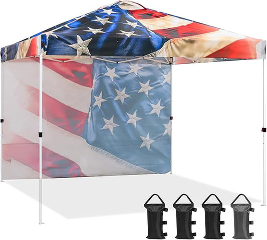 EAGLE PEAK Pop Up Canopy Tent with 1 Sidewall, Easy Setup Event Tent, Outdoor Sun Shade, Wheeled Carry Bag, Stakes and Guy Ropes, Instant Canopy 10x10, Stars and Stripes