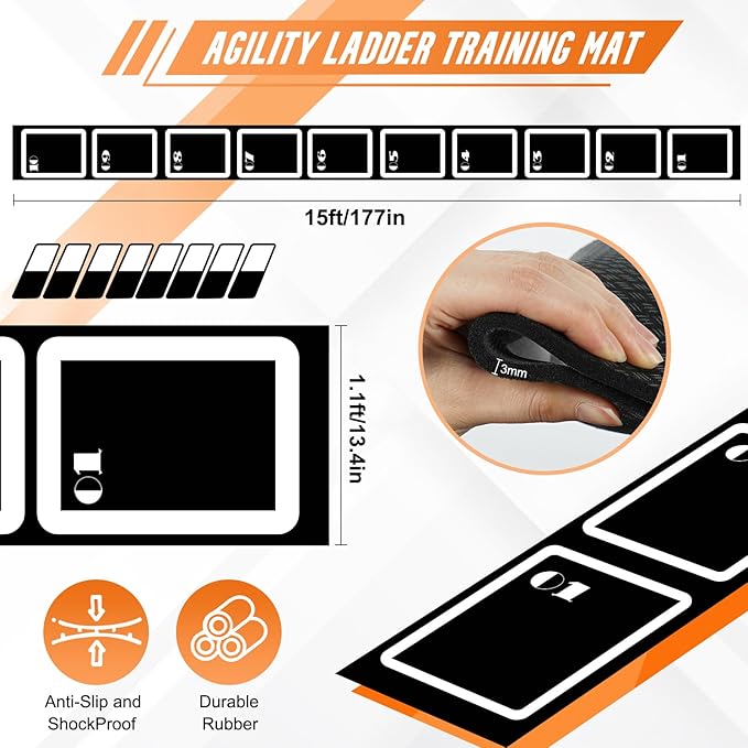 Agility Ladder Set: 15ft Rubber Non-Slip Agility Training Ladder with 10 Soccer Cones for Outdoor Agility Training| Basketball Fitness Soccer Training Equipment for Adults Youth