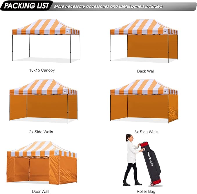 ABCCANOPY Heavy Duty Easy Pop up Canopy Tent with Sidewalls 10x15,Strip Orange