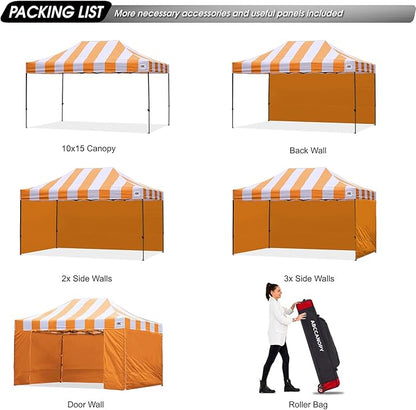 ABCCANOPY Heavy Duty Easy Pop up Canopy Tent with Sidewalls 10x15,Strip Orange