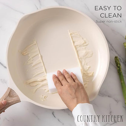 Country Kitchen Pots and Pans Set Nonstick, Cast Aluminum Kitchen Cookware Set with Utensils, 14 Pcs Non Stick Cooking Set w/Frying Pans & Saucepans, Cream