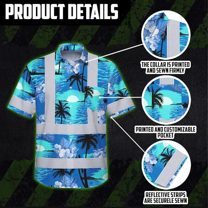 High Visibility Hawaiian Shirt for Men Tropical Shirts Custom Name Floral Outfit Reflective Safety Workwear