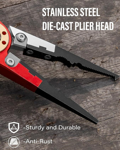 7.8" Saltwater Fishing Pliers with Needle Nose Jaws - Aluminum Grip, Tungsten Cutters | Fishing Tackle Gifts, Fishing Multitool, Red/White