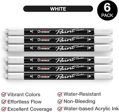 Overseas White Acrylic Paint Markers, 6 Pack Dual Tip Paint Pens Acrylic Markers - Dot and Brush Tip Coloring Marker for Wood, Rock, Canvas, Glass, Metal, Plastic, Rubber, Fabric, School Supplies