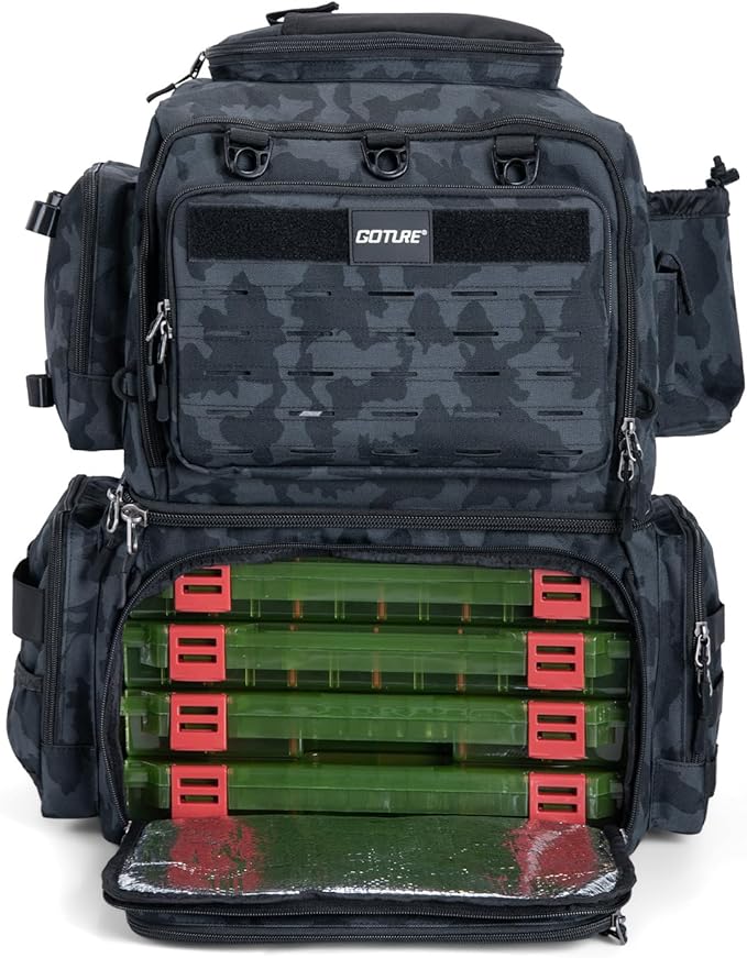 Goture Fishing Backpack with 4 Tackle Boxes, 53L 600D Water-Resistant Tackle Backpack with Cooler,Rod Holders, 8 Lure Pockets, Rain Cover, Large Fishing Bag Storage Gear Tackle Bag for Camping Hiking