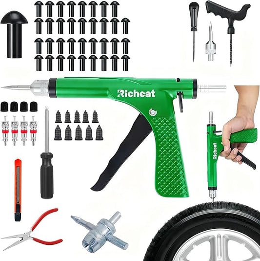 Richcat Tubeless Tire Puncture Repair Kit with Mushroom Plug, Repairs punctures and Flat Tires for Motorcycles, Cars, Trucks, ATVs,Gun Puncture Repair Kit