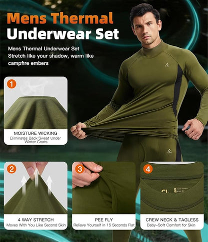 CL convallaria Mens Thermal Underwear Set with Fly Long Johns Base Layer Winter Hunting Gear Sport Top and Bottom
