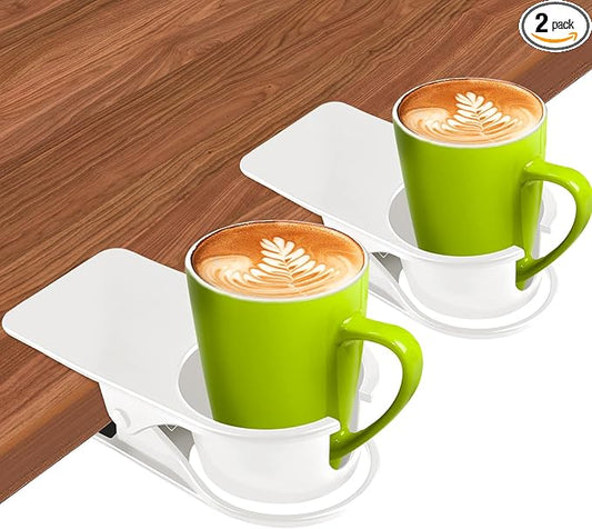 Kalolary 2PCS New Drinking Cup Holder Clip with Groove Table Bottle Cup Stand DIY Glass Cup Clamp Storage Saucer Clip Water Coffee Mug Holder Saucer Clip for Home Desk, White