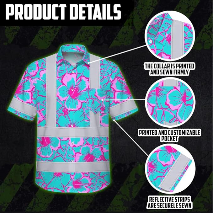 High Visibility Hawaiian Shirt for Men Tropical Shirts Custom Name Floral Outfit Reflective Safety Workwear