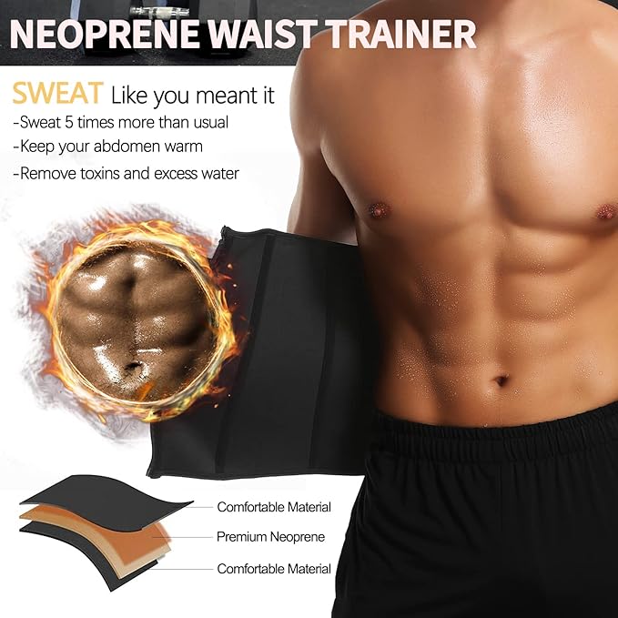 KIWI RATA Mens Workout Waist Trainer Corset Neoprene Sauna Sweat Trimmer Cincher Belt Extra Belly Compression Belts