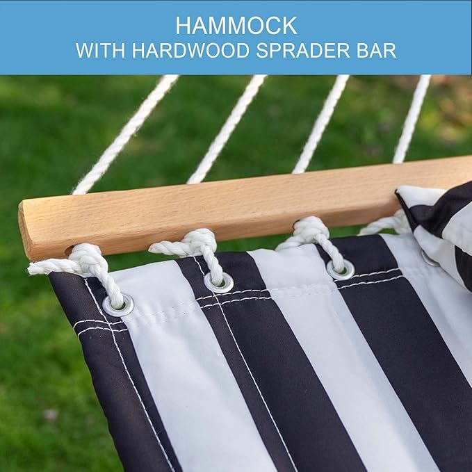 Lazy Daze Hammocks 12FT Quilted Fabric Double Hammock with Spreader Bars and Detachable Pillow, 2-Person for Outside Patio Poolside Backyard Beach, 450 lbs Capacity, Black White