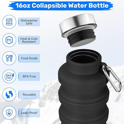 Collapsible Water Bottle, 16oz Portable Reusable Silicone Water Bottle, BPA-Free Leak-Proof Foldable Design with Carabiner, Lightweight Durable for Gym, Travel, Camping, Hiking, Sports, Yellow