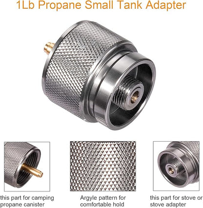 Camping Stove Adapter Propane to Butane Adapter 1 Lb Propane Tank Input EN417 Lindal Valve Output w/Butane Canister Nozzle Input EN417 Lindal Screw Cartridge Output Gas Converter LPG Canister Adapter